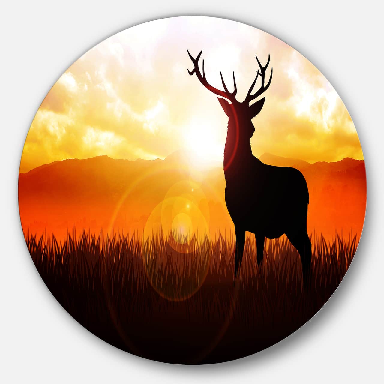 Designart - Deer on Meadow During Sunrise' Disc Animal Metal Circle Wall Art